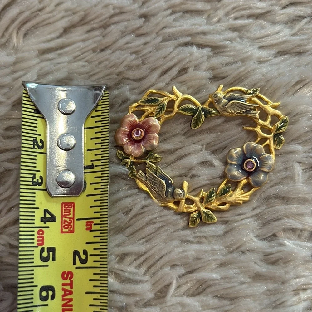 Vintage Kenneth Cole Enamel Floral Bird Gold Tone Heart Brooch Cottagecore